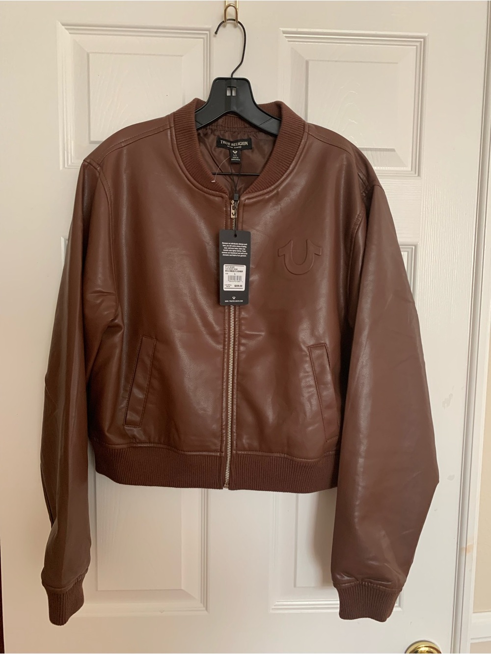 NWT True Religion Bomber: Chocolate Brown Faux Leather, Wings-Embossed Back L